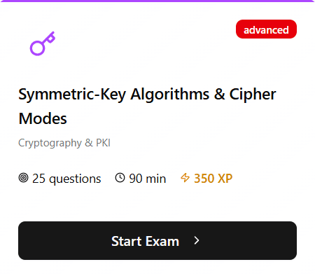 Practice exam card showing Symmetric-Key Algorithms with difficulty level, question count, and XP reward