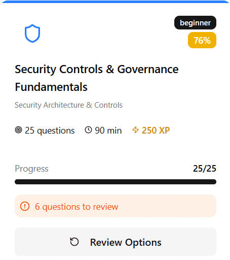 Exam completion screen showing 76% score, questions to review, and XP earned