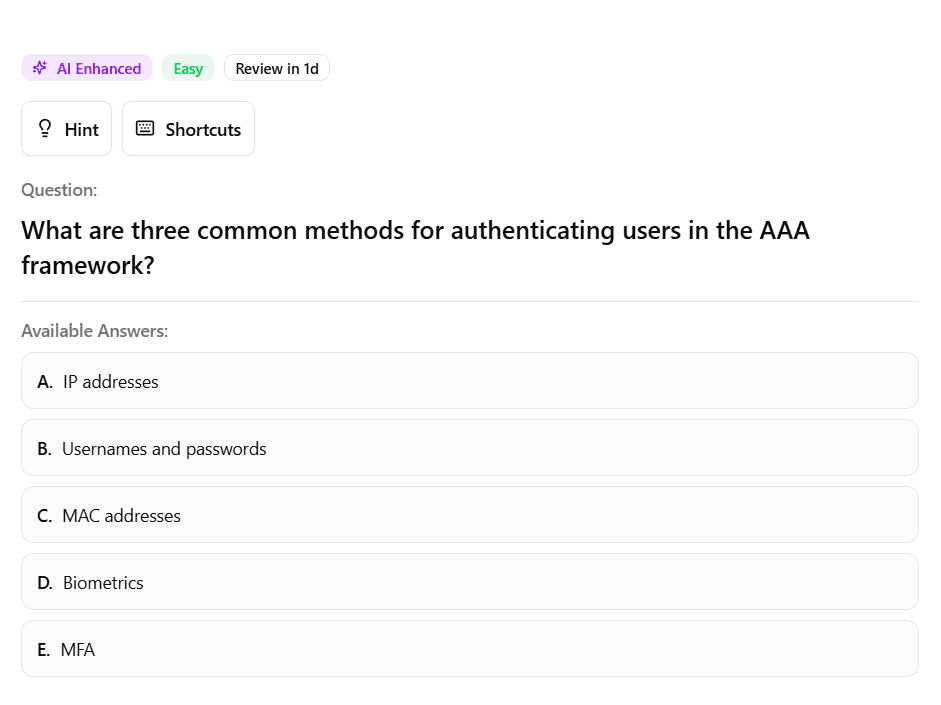 AI-generated flashcard front showing question prompt with difficulty rating and review schedule