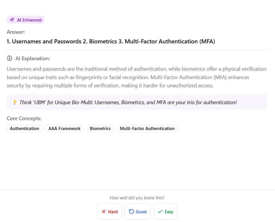 AI-enhanced flashcard with memory trick and related topics