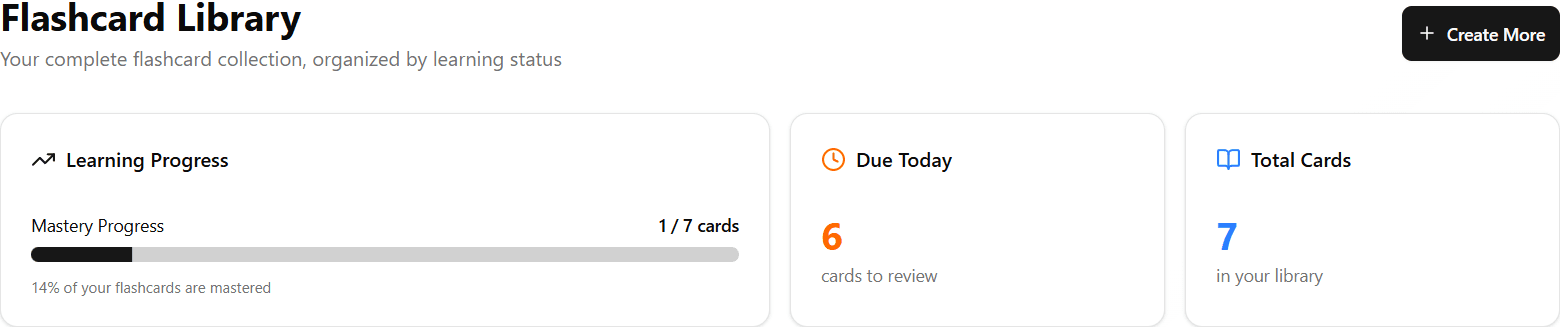 Flashcard library showing spaced repetition stats with cards due for review