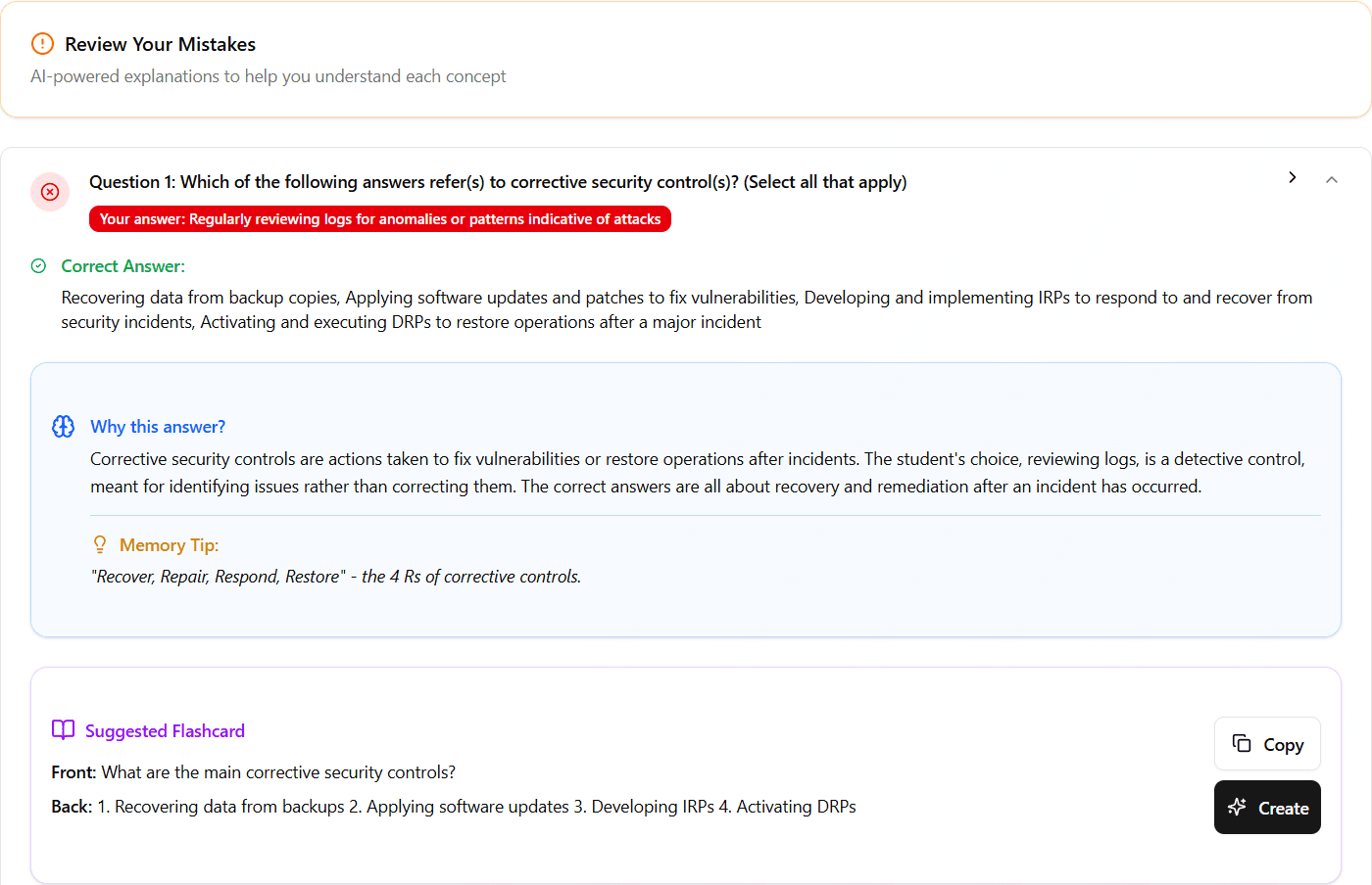AI-powered exam review with detailed explanations, mnemonics, and concept connections for incorrect answers