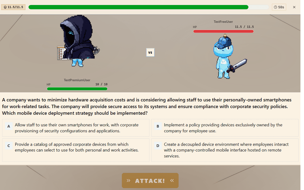 Two players in a live 1v1 CompTIA PvP quiz duel on SecuSpark