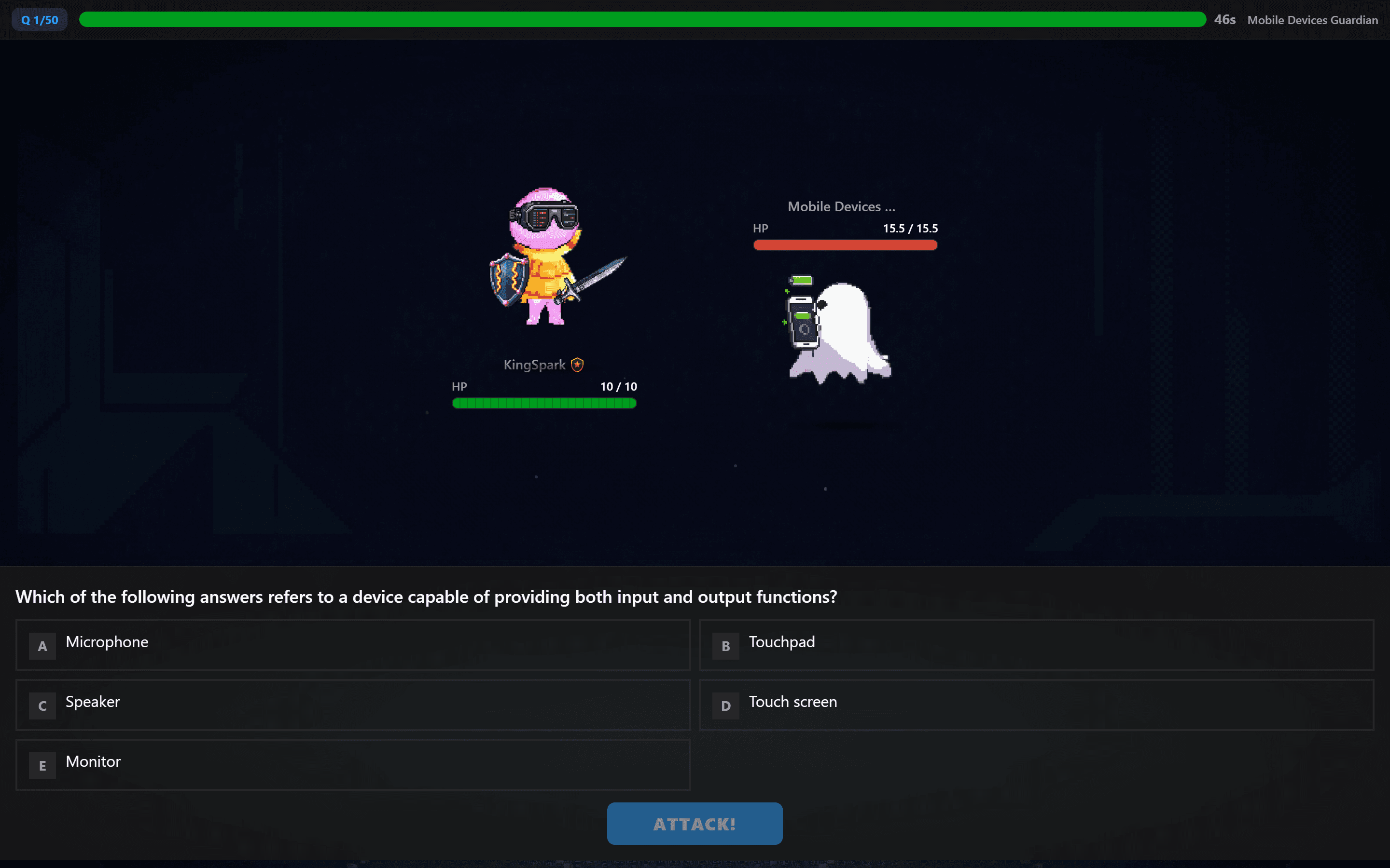 CompTIA practice question in RPG battle arena with character and enemy on SecuSpark