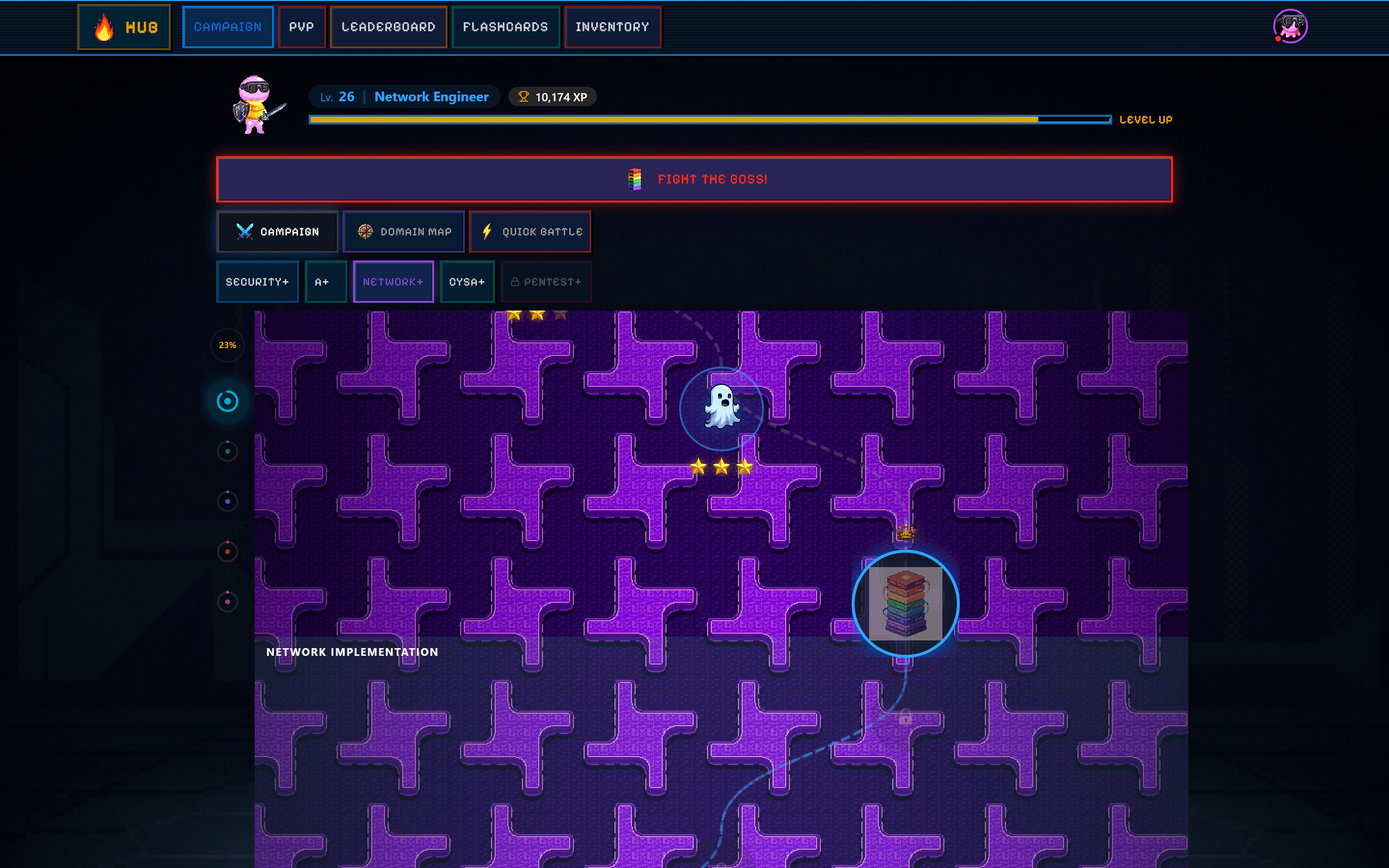 Network+ certification campaign map with domain nodes and boss battles on SecuSpark