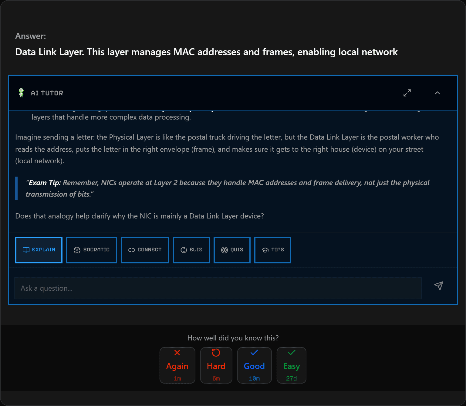 AI tutor explaining a wrong answer with exam tip on SecuSpark flashcard system