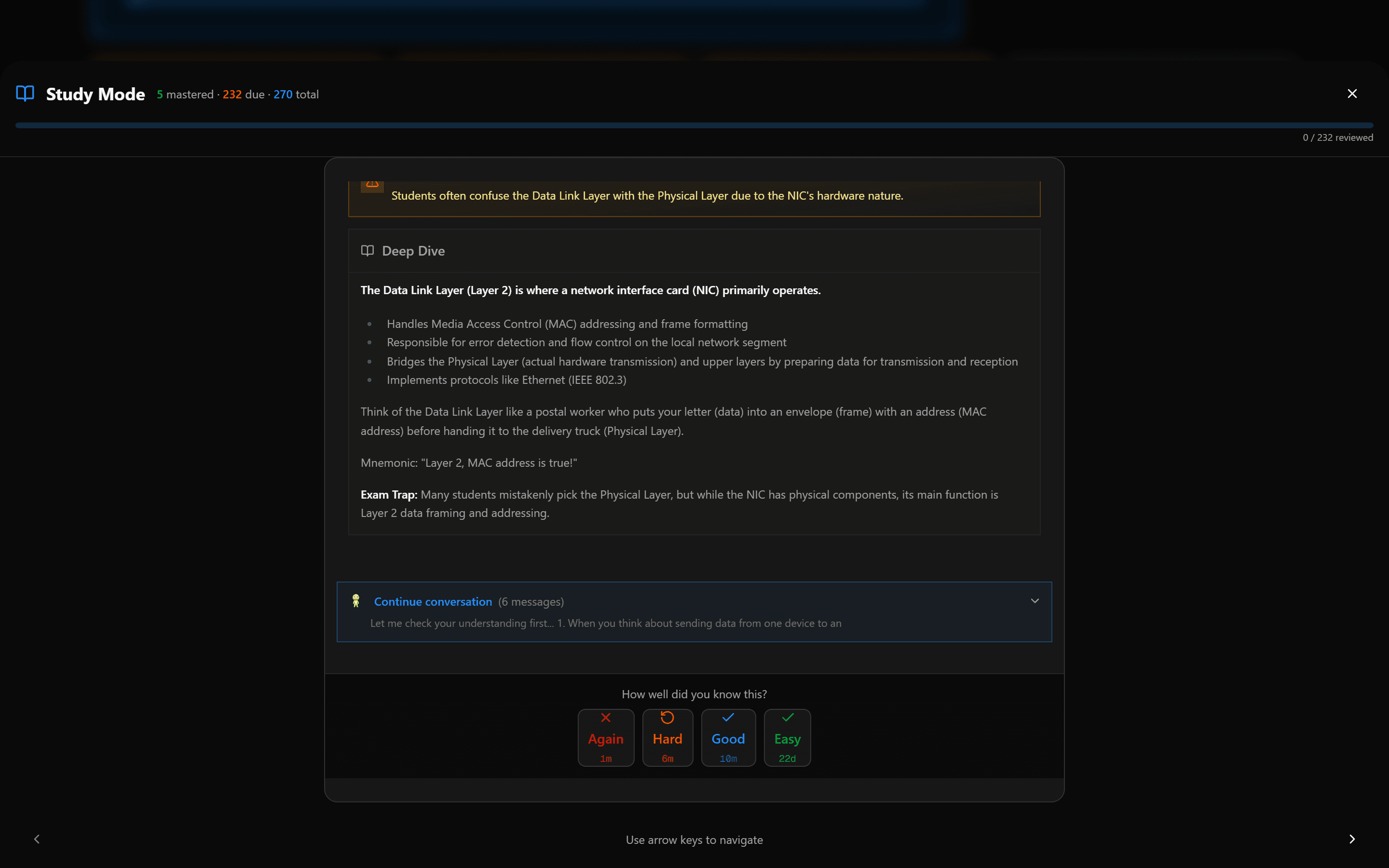 Flashcard answer with Deep Dive explanation and spaced repetition rating on SecuSpark