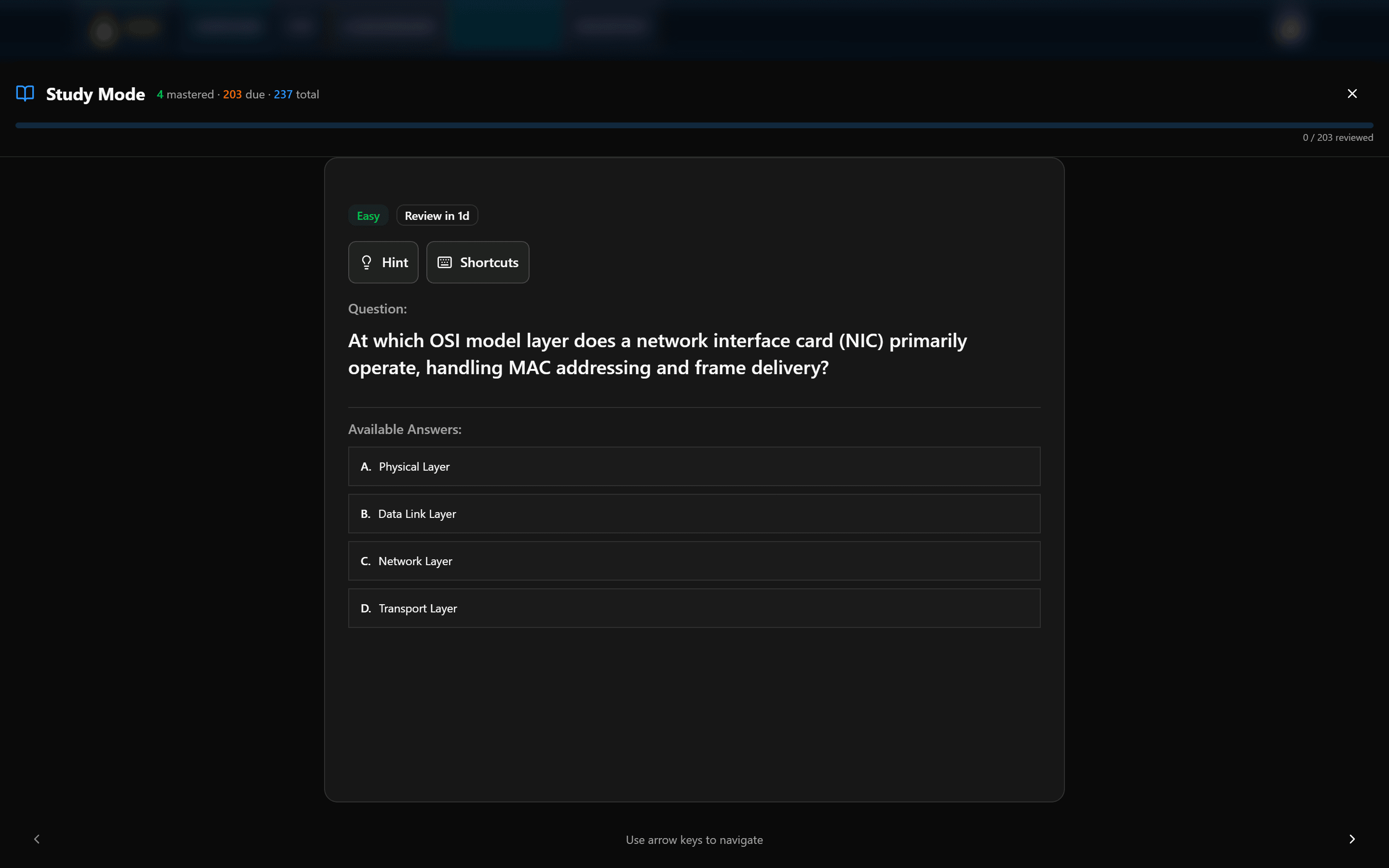 Flashcard study mode showing CompTIA practice question with answer options on SecuSpark