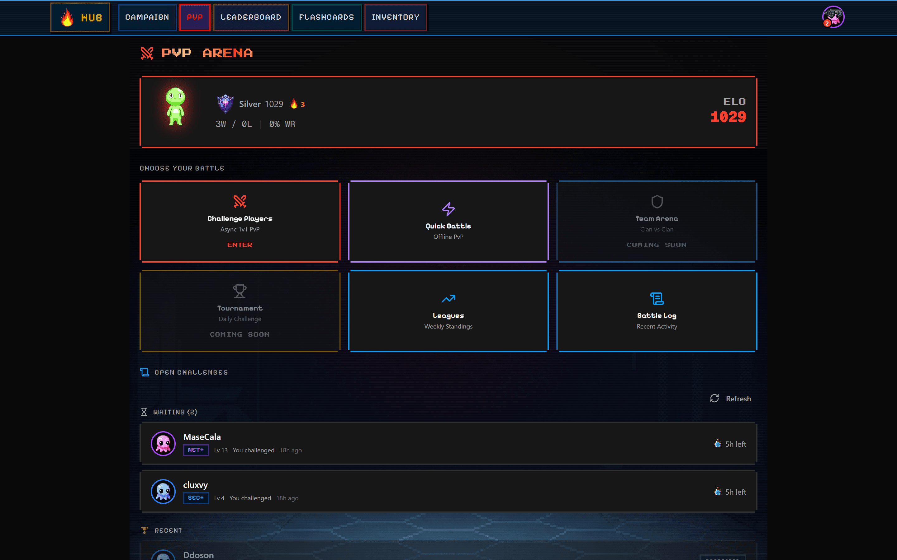 PvP arena matchmaking hub with ELO rating and battle modes on SecuSpark