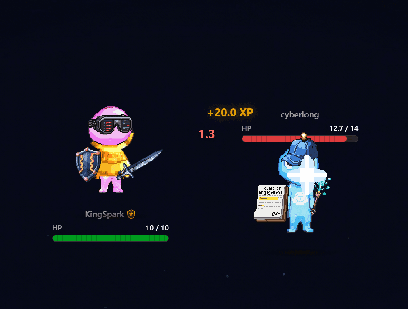 PvP battle showing damage dealt to opponent with XP earned on SecuSpark