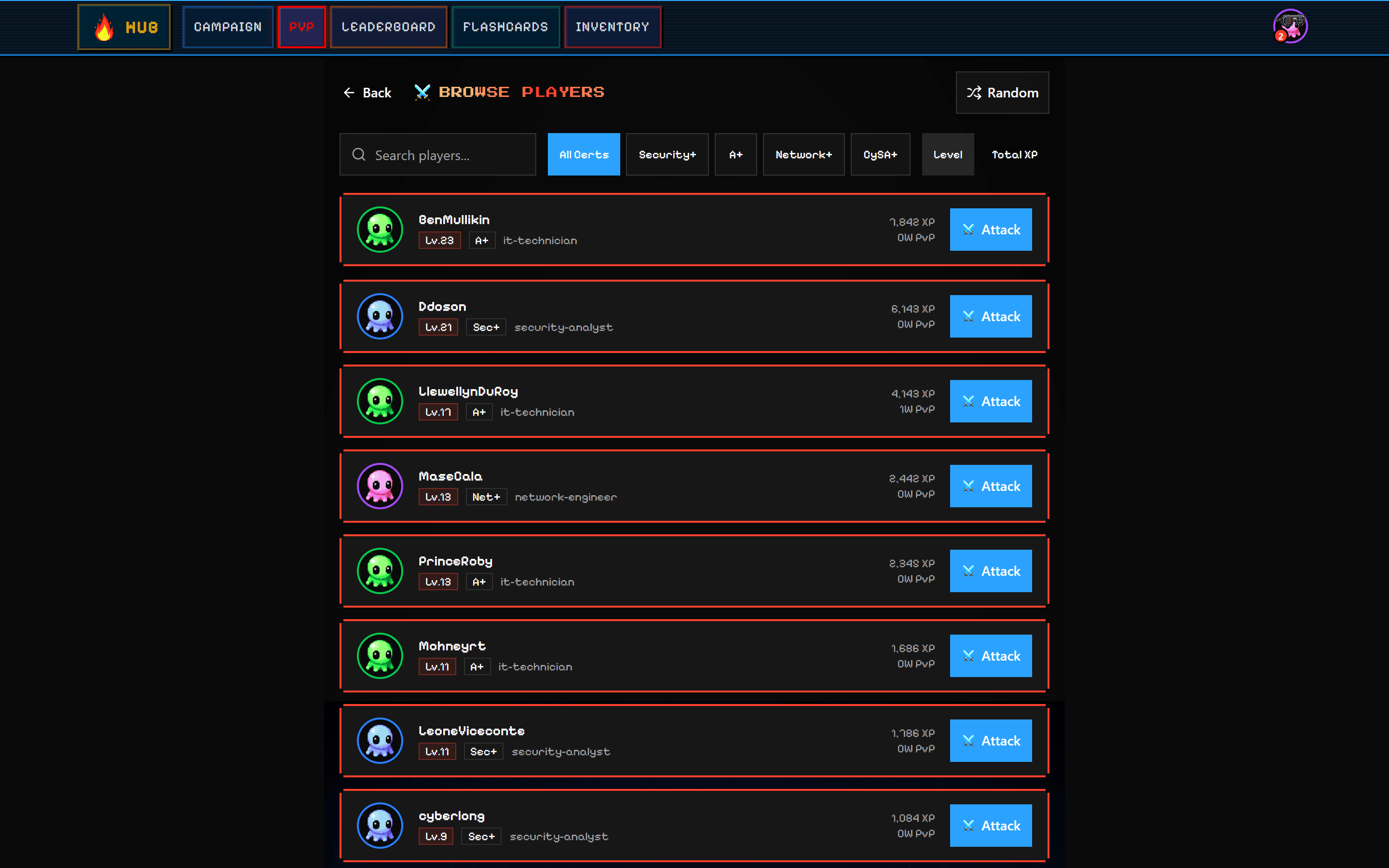 Browse and challenge other players filtered by certification on SecuSpark