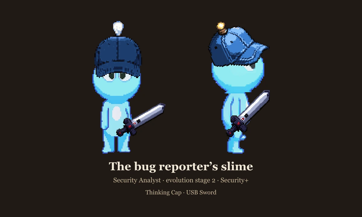 A light-blue stage 2 slime in a navy baseball cap topped with a small lightbulb, holding a pixel-art sword with a dark USB-plug crossguard, front and side views