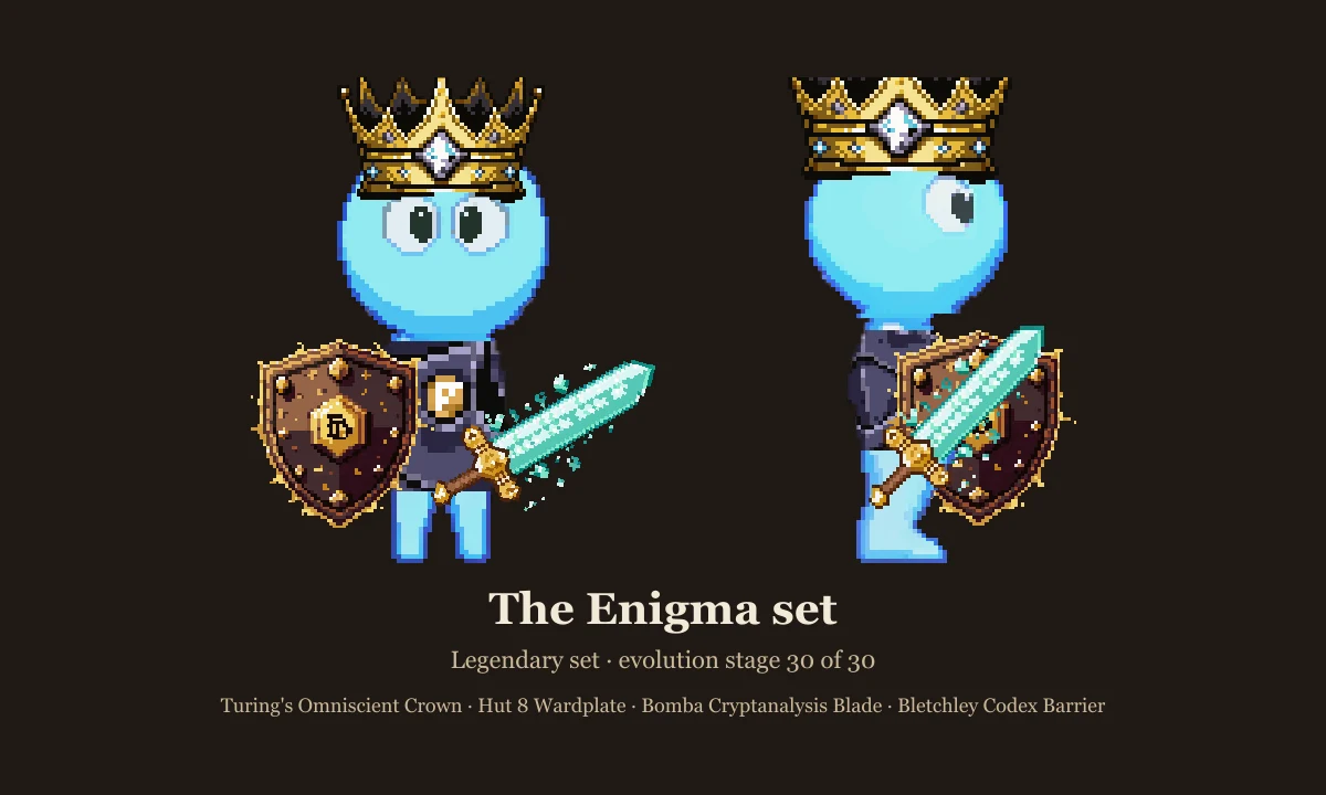 The Enigma set: gold crown, dark wardplate, glowing blade and ornate shield on the stage 30 slime, front and side views