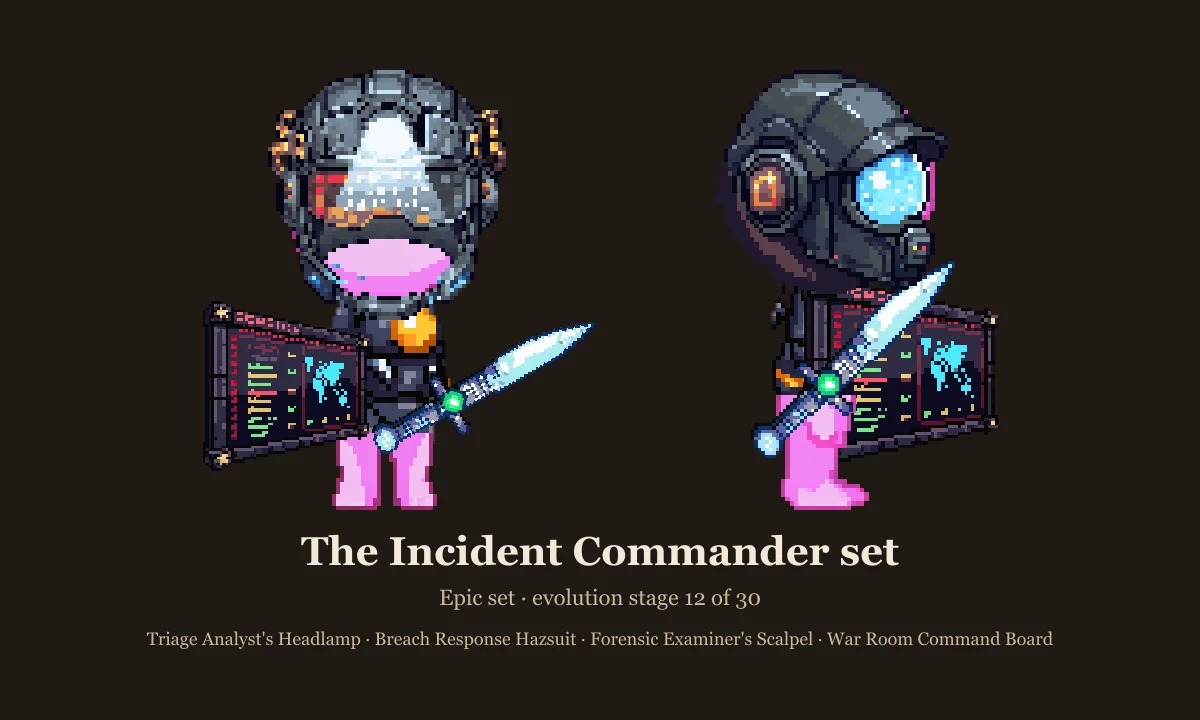 The Incident Commander set: headlamp helm, hazsuit, scalpel and command-board shield on the stage 12 slime, front and side views