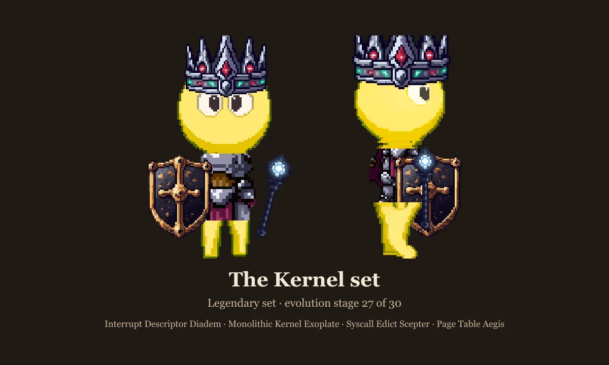 The Kernel set: spiked diadem, plate armor, scepter and aegis on the stage 27 slime, front and side views