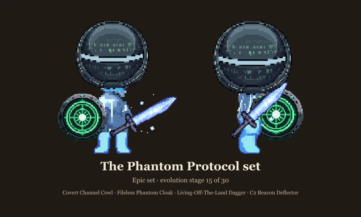 The Phantom Protocol set: dark cowl, cloak, dagger and beacon-deflector shield on the stage 15 slime, front and side views