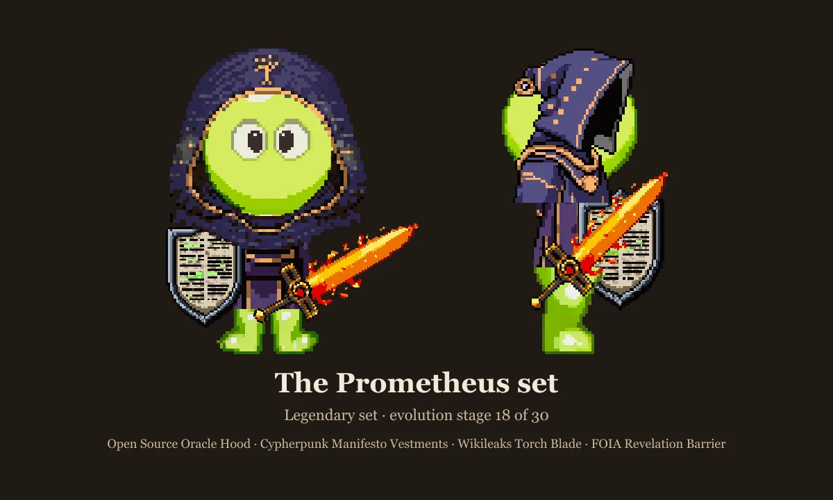 The Prometheus set: deep hood, vestments, flaming torch blade and barrier shield on the stage 18 slime, front and side views
