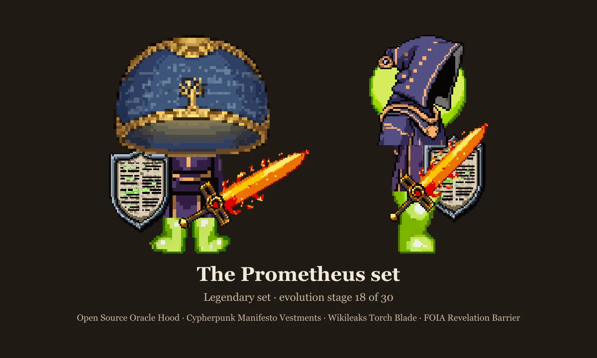 The Prometheus set: deep hood, vestments, flaming torch blade and barrier shield on the stage 18 slime, front and side views