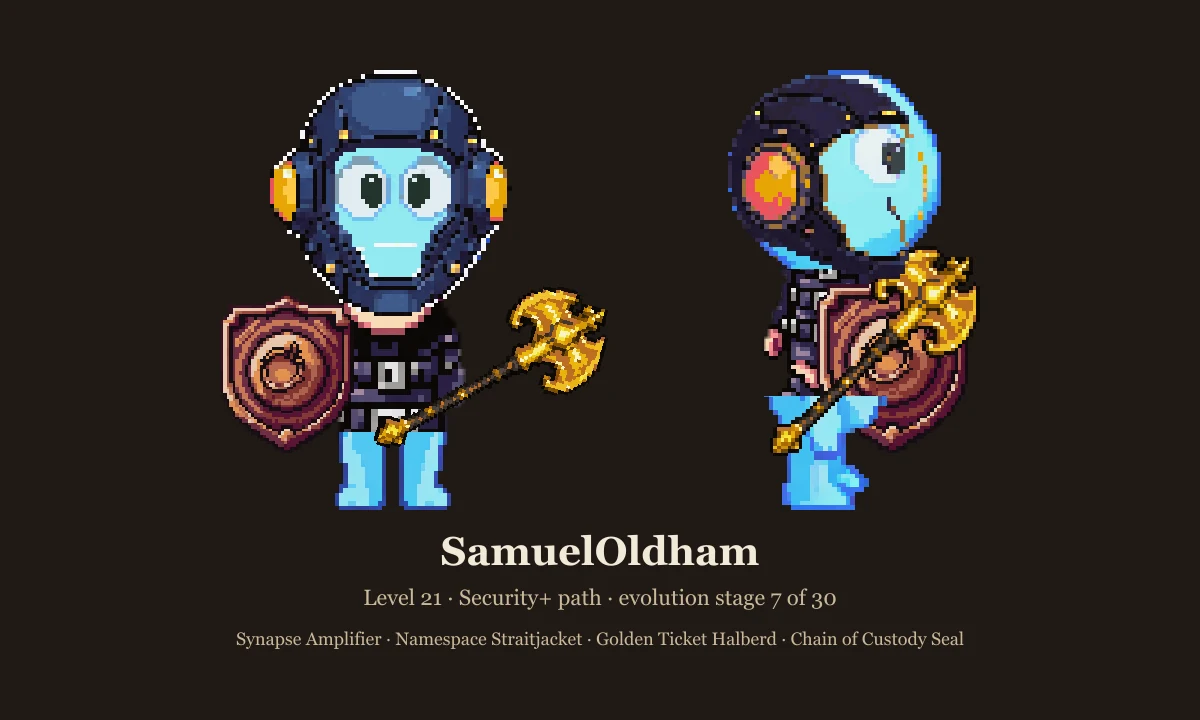 Samuel Oldham's slime: dark tech helmet with orange ear pods, black harness armor, gold halberd and bronze round shield on the stage 7 slime, front and side views