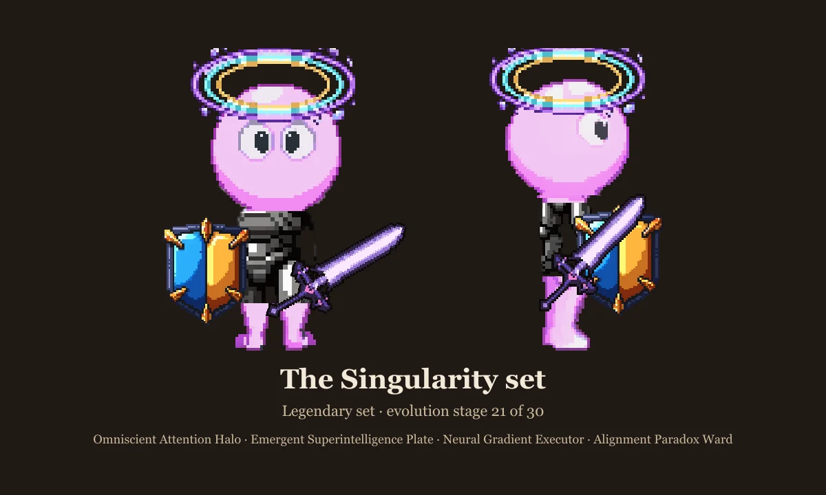 The Singularity set: iridescent halo, plate, blade and ward shield on the stage 21 slime, front and side views