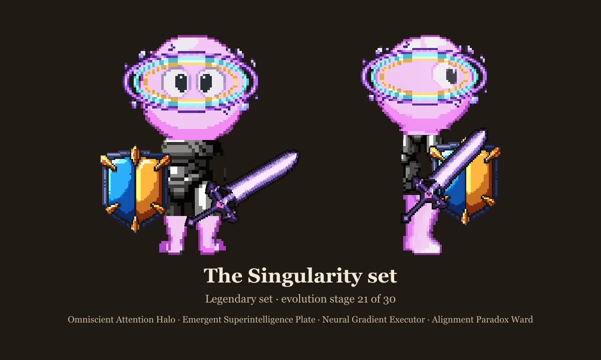 The Singularity set: iridescent halo, plate, blade and ward shield on the stage 21 slime, front and side views