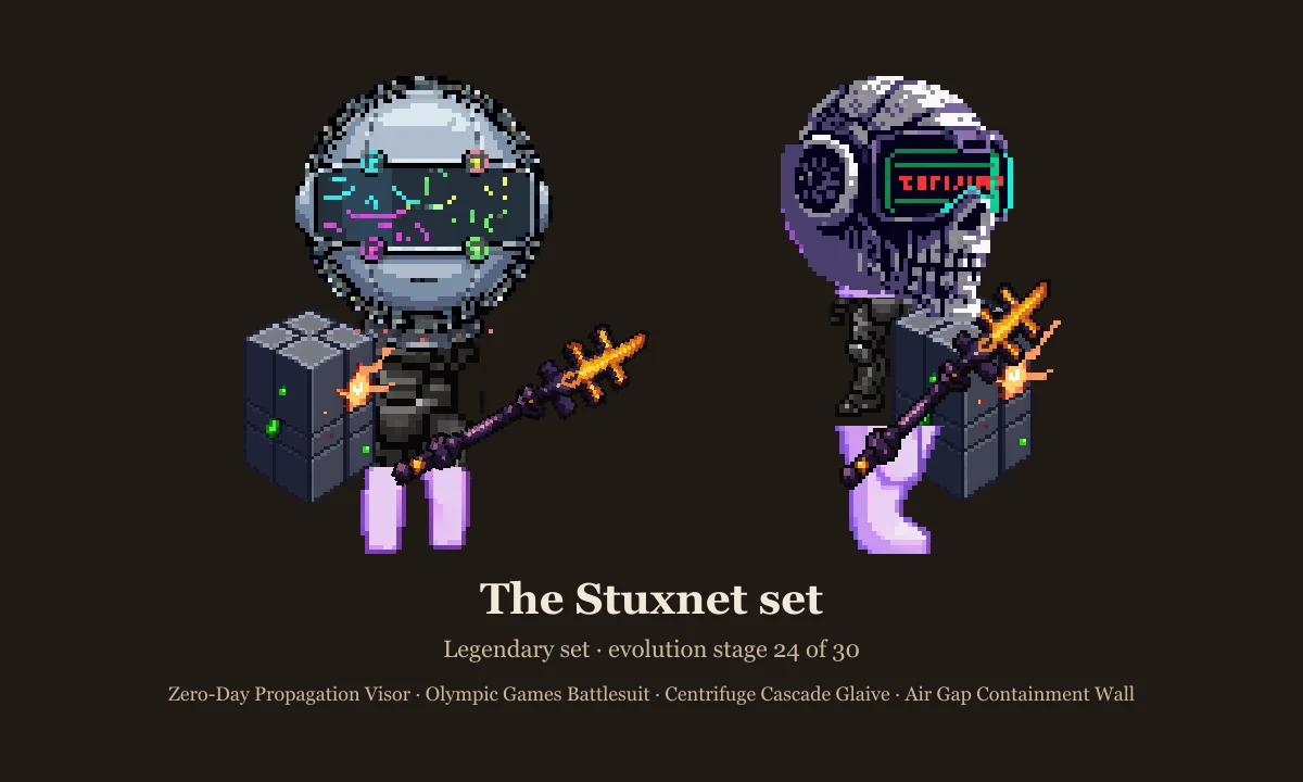 The Stuxnet set: full visor helm, battlesuit, glaive and containment-wall shield on the stage 24 slime, front and side views