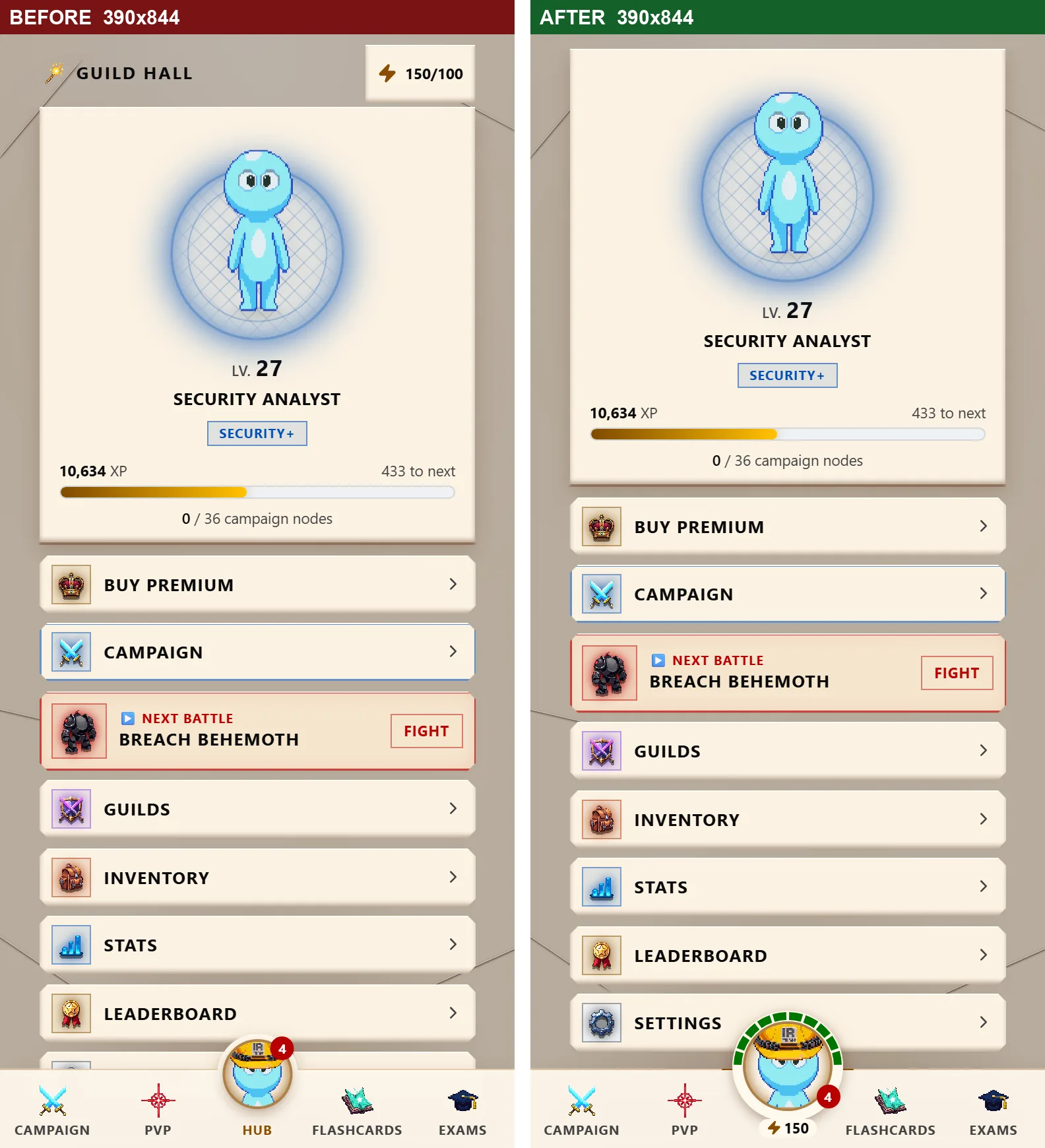 Side-by-side phone screenshots of the SecuSpark home screen. Before, an energy chip sits in a row above the page. After, that row is gone and the Hub button in the bottom bar is larger, with ten lit pips around its top and the energy count below it.