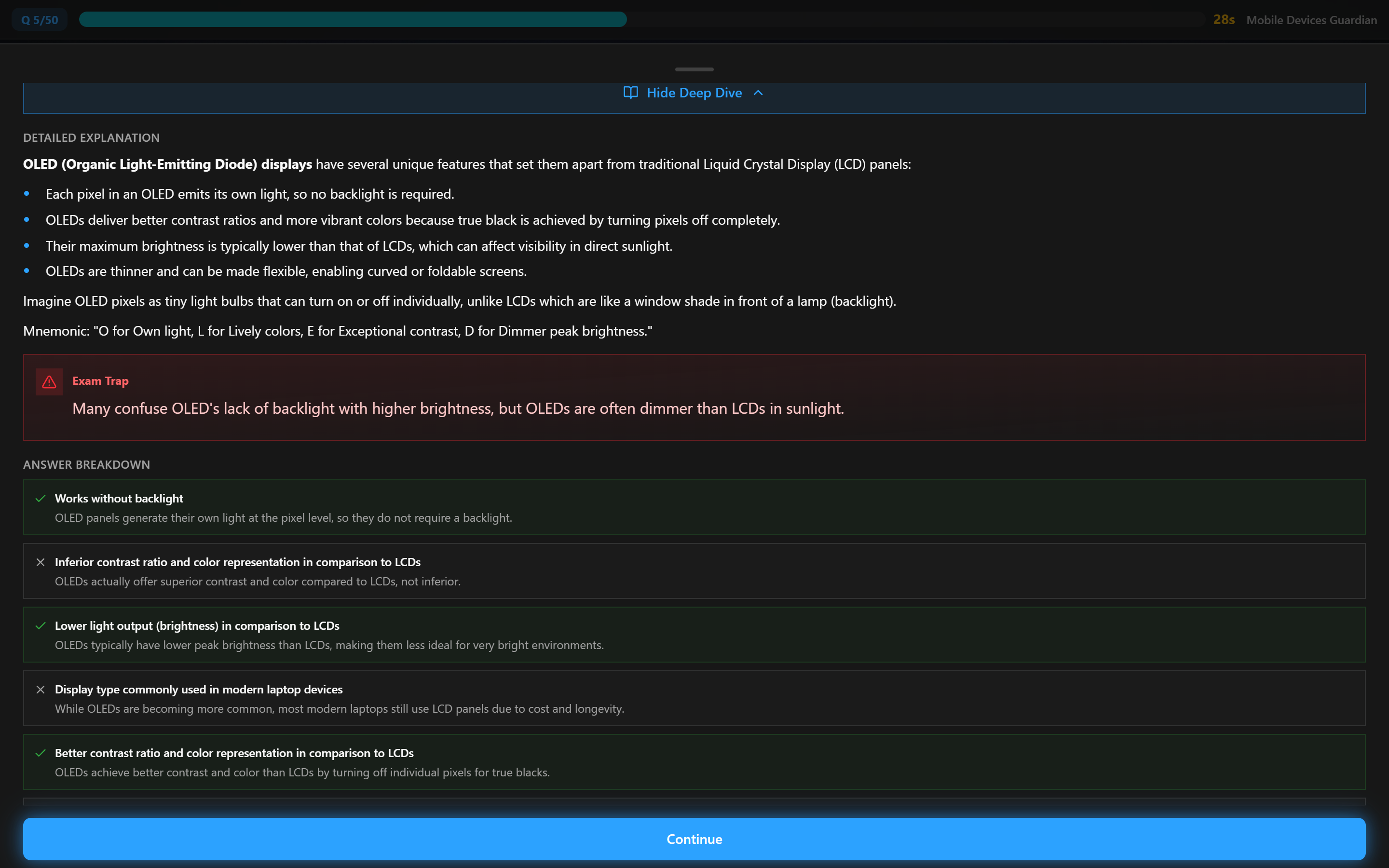 AI-generated explanation after answering a Security+ question incorrectly — explains why the selected answer was wrong and why the correct answer is right
