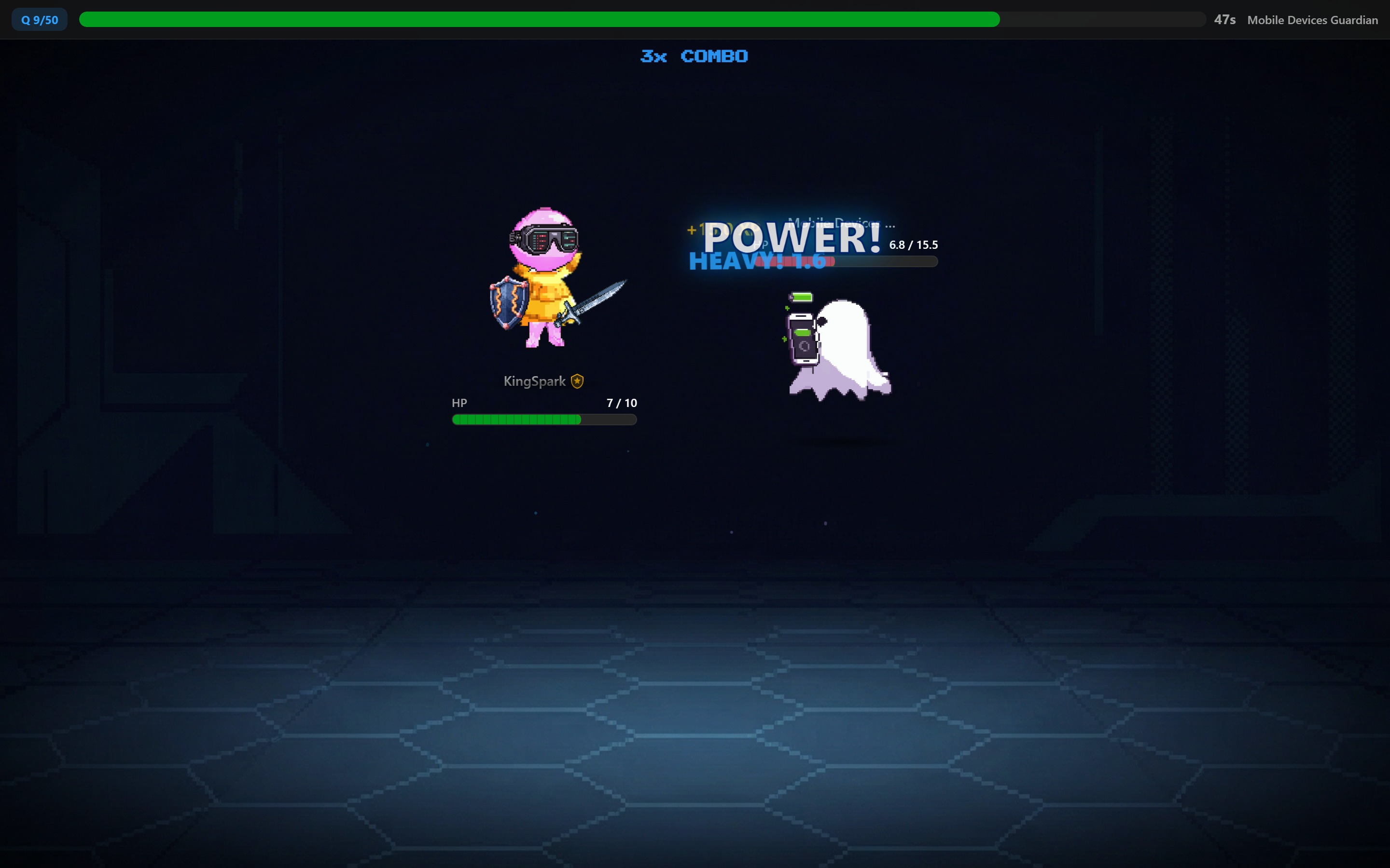 SecuSpark battle showing critical hit damage numbers and combo indicators during a Security+ practice battle