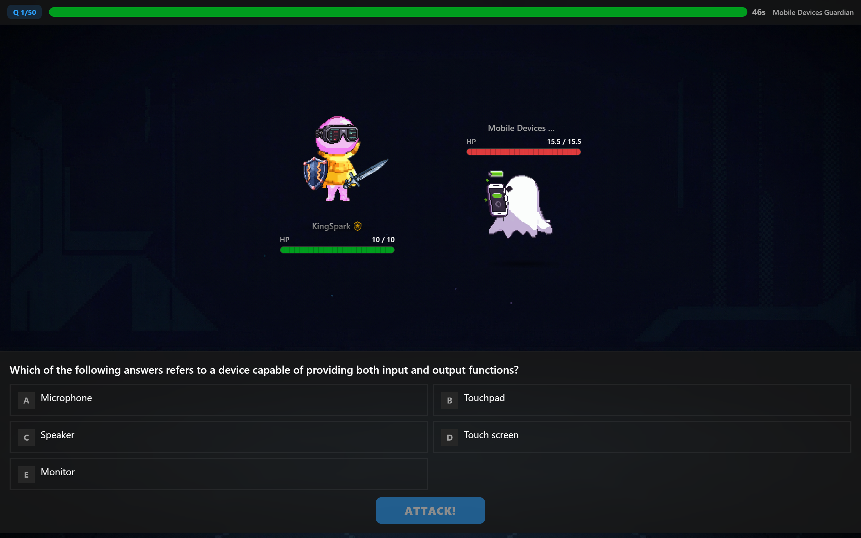 Security+ practice question shown in the RPG battle arena — your character attacks an enemy when you answer correctly