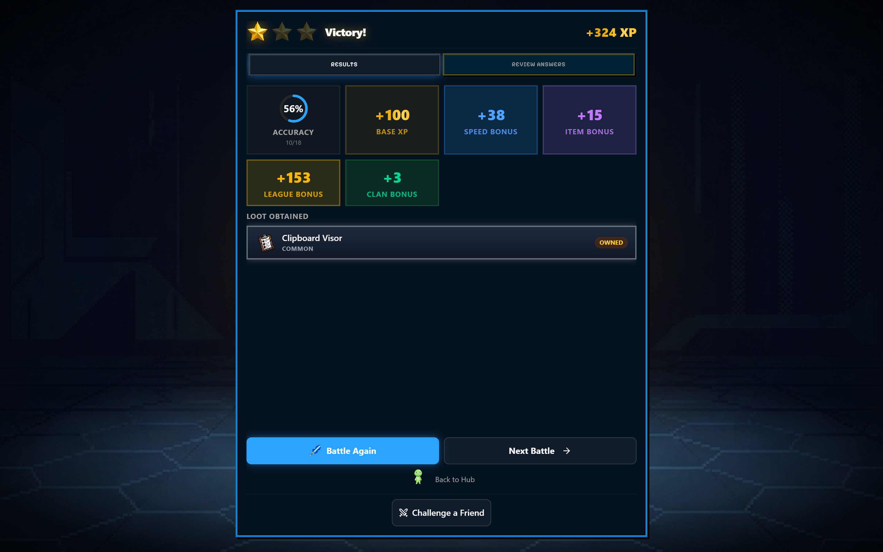 SecuSpark battle victory screen showing XP earned, stars awarded, loot drops, and performance summary