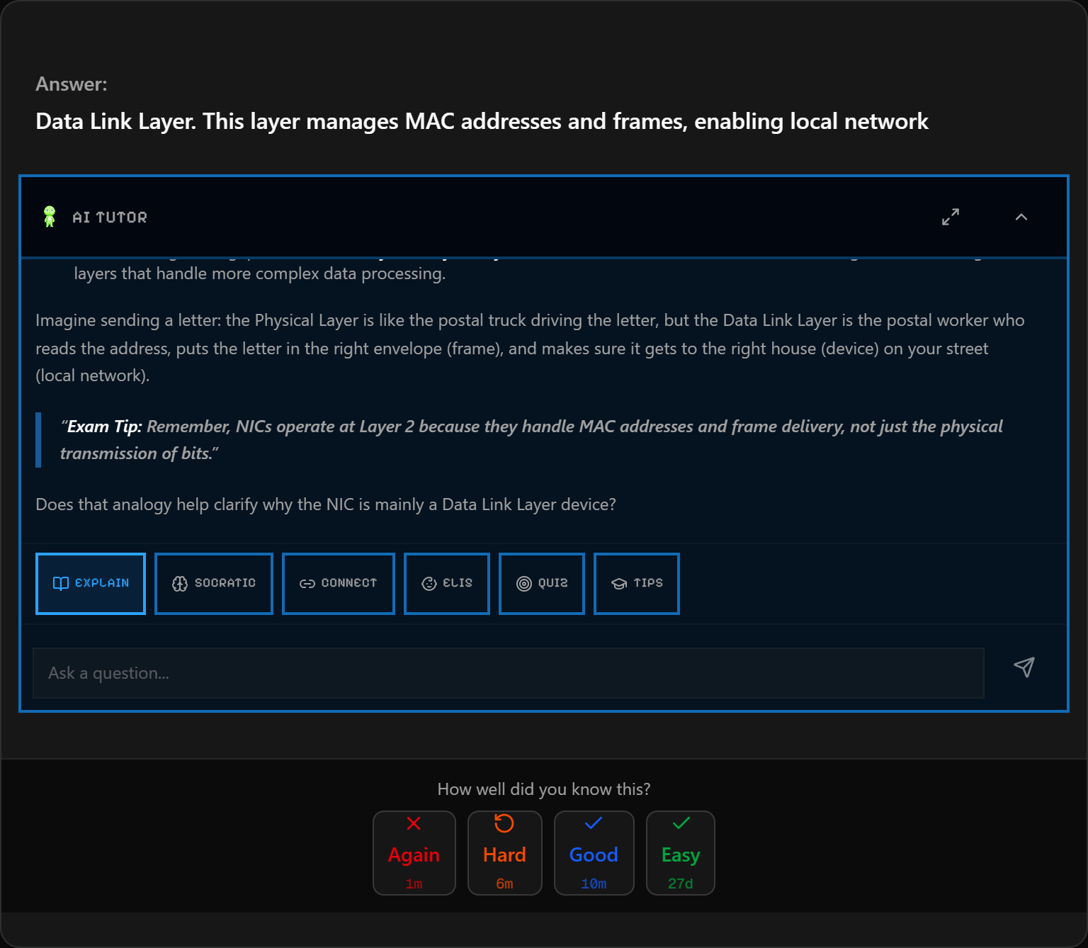 AI tutor providing a deep-dive explanation on a Security+ flashcard topic