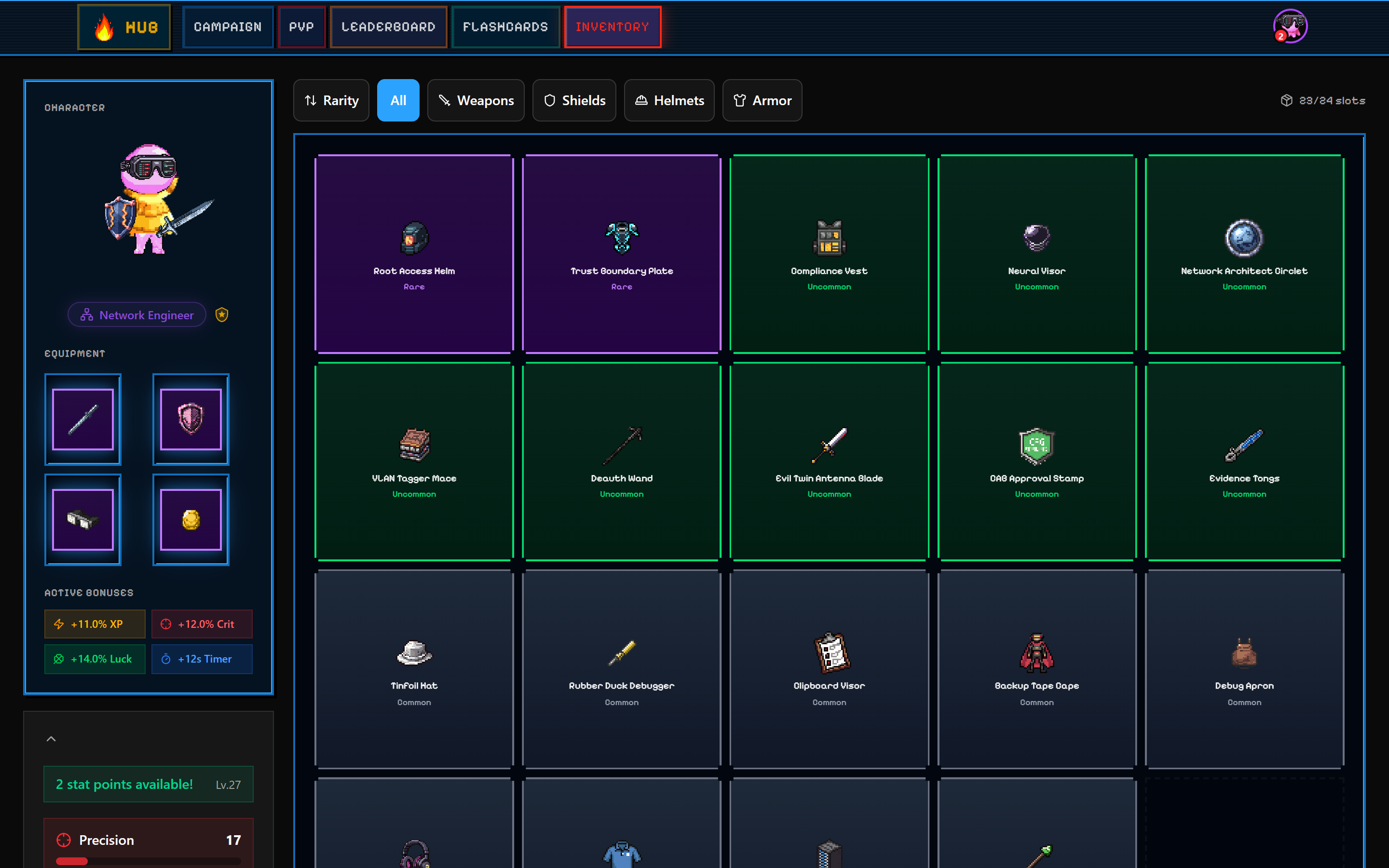 SecuSpark inventory screen showing weapon grid, equipped items, and character preview with stat bonuses