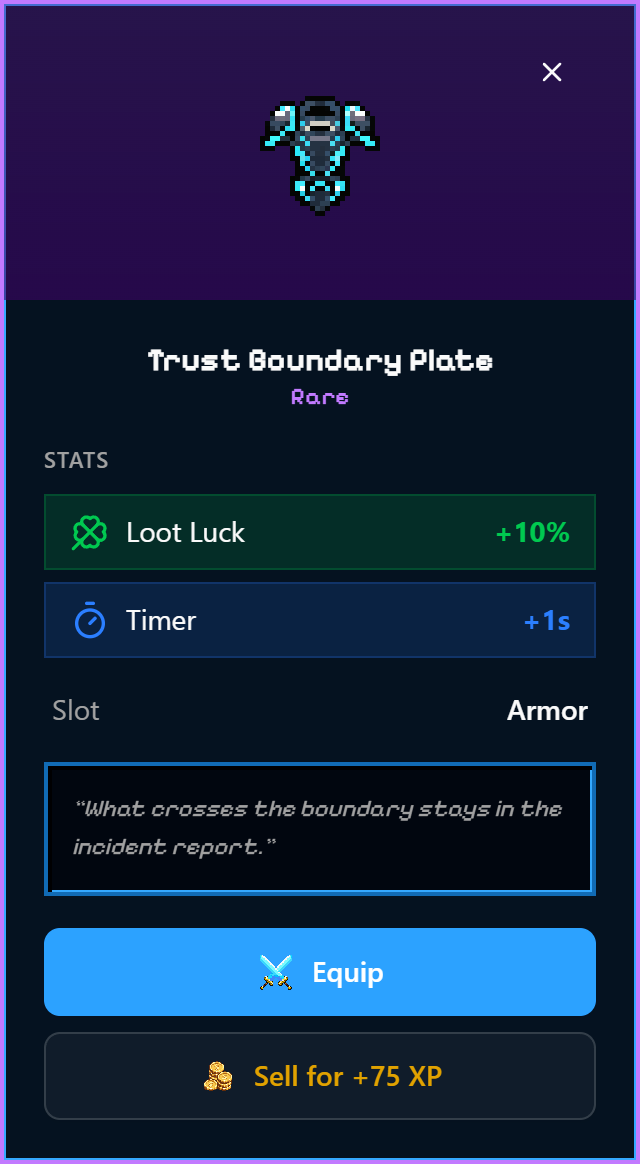 SecuSpark item detail modal showing weapon stats, rarity, damage bonus, and equip options