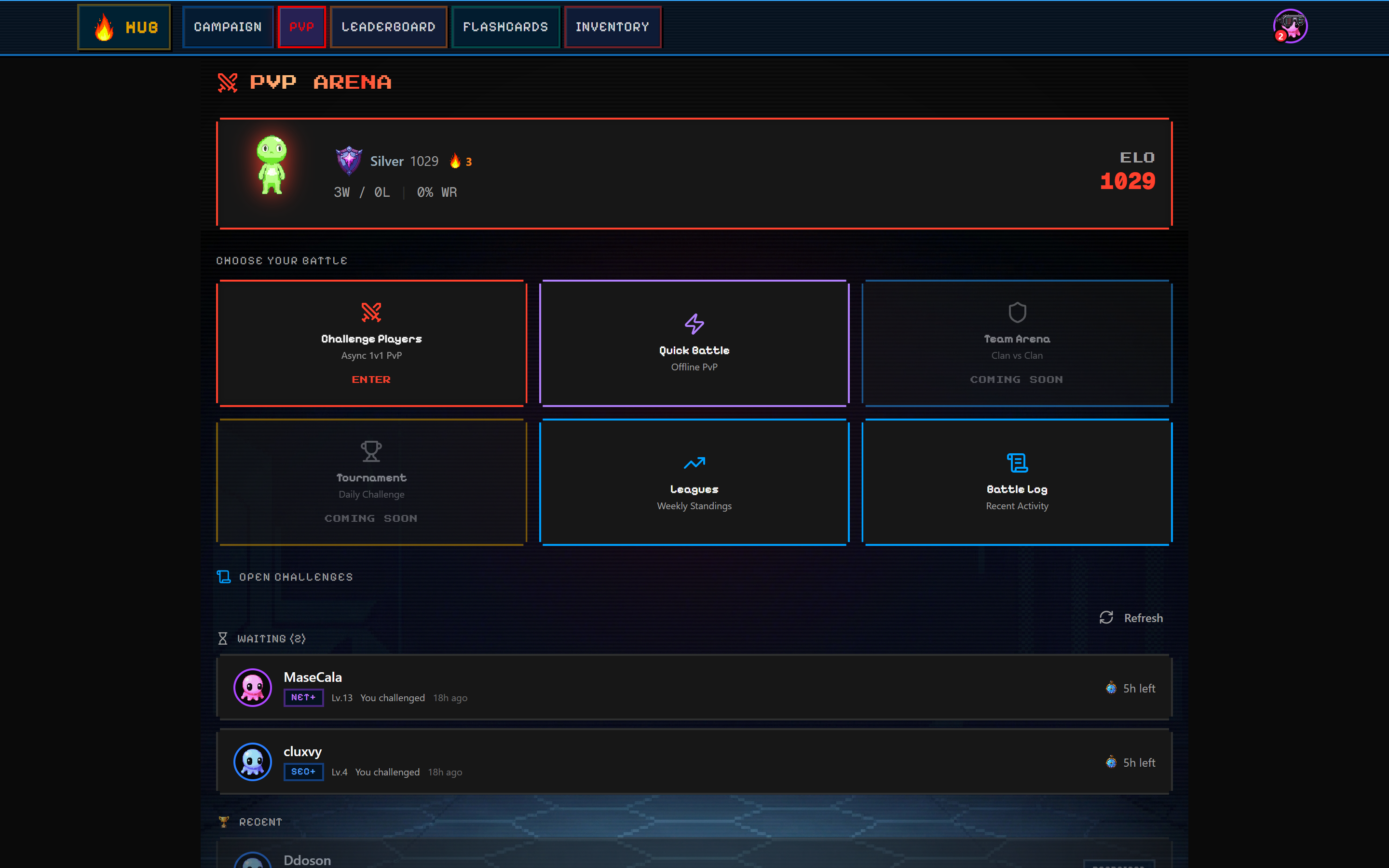 SecuSpark PvP arena hub showing matchmaking options, active challenges, and player rankings