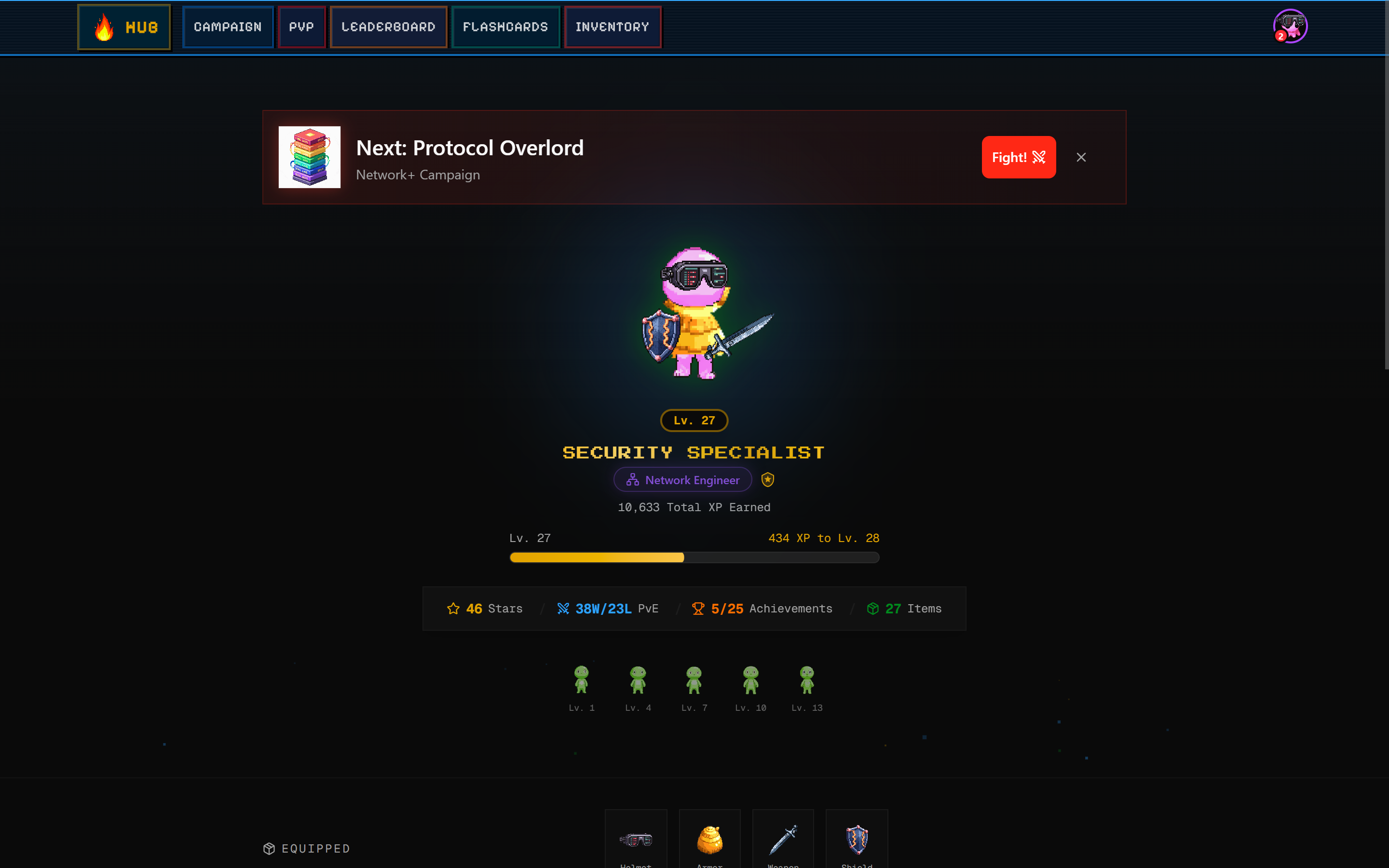 SecuSpark character progression showing the player's evolved slime-humanoid with stats, level, and XP progress